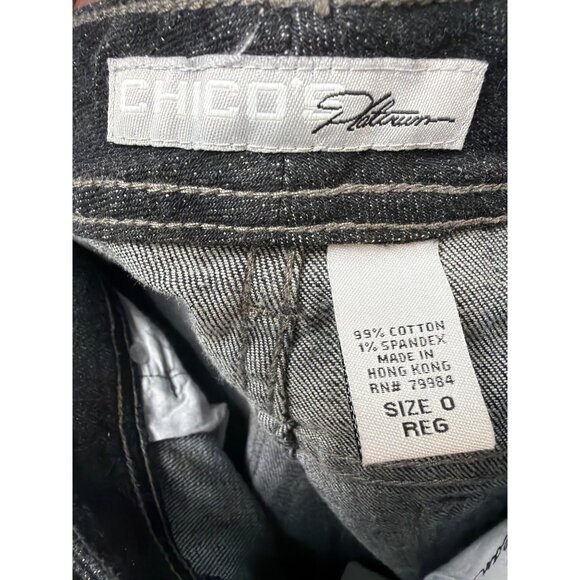 Chicos 0 Platinum Size 4 Black Rhinestone Straight Leg Jeans Womens Cotton - Picture 3 of 7